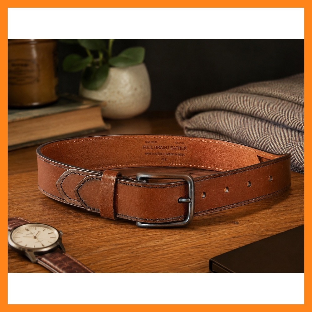 Men's Full Grain Leather Belt Brown Size 34 Casual Dress Subtle Western Utility